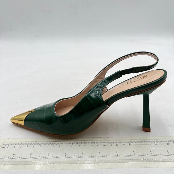 miss left Green Metal Cap Toe Slingback Crocodile Pointed Toe High Heels Pumps - Picture 1 of 7